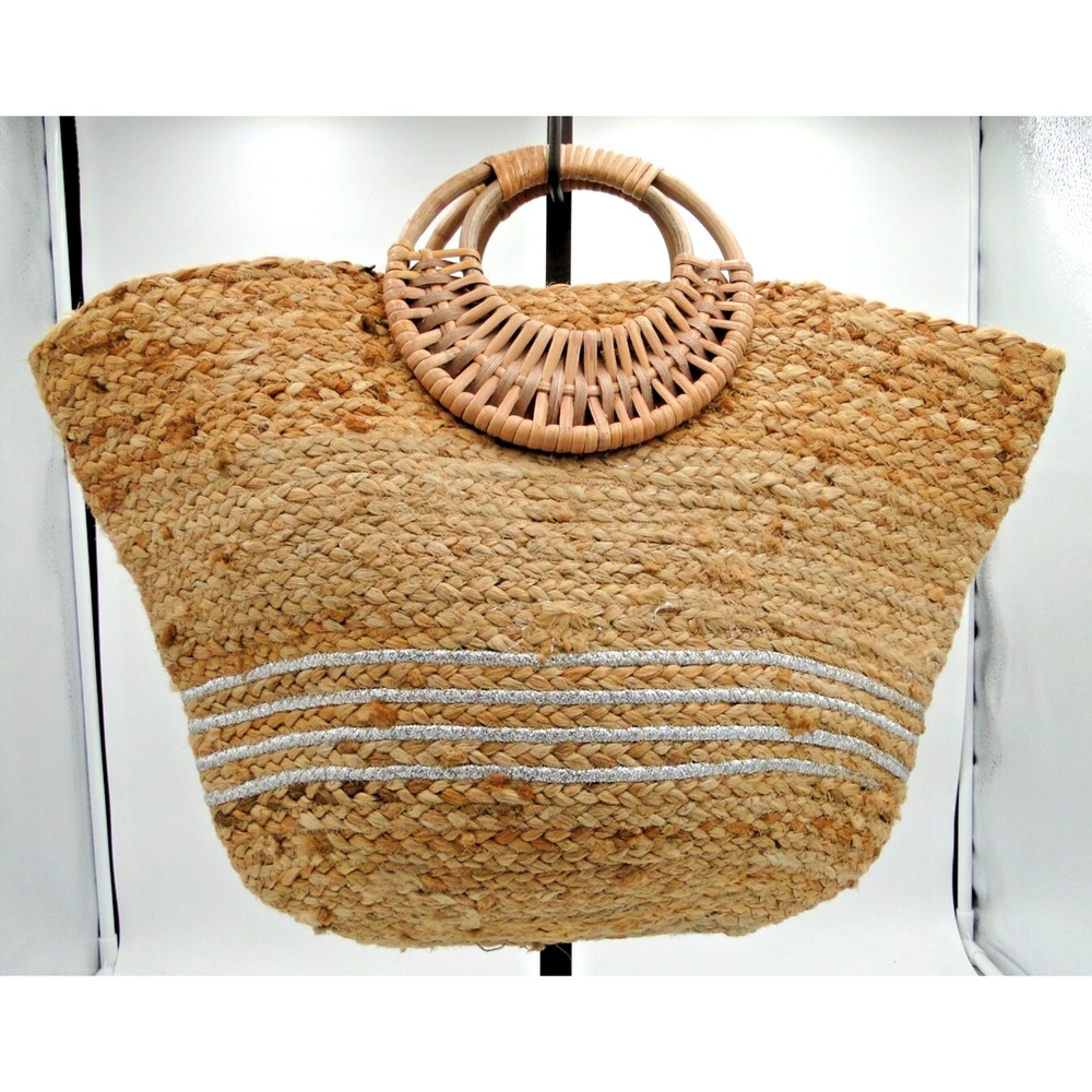 Magid Jute Large Straw Metallic Color Block Wooden‎ Handles Beach Tote Bag